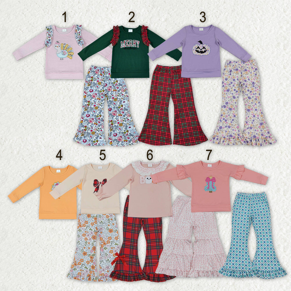 Sibling Baby Girls Long Sleeve Embroidery Turkey Bows Top Flare Pant Fall Clothes Sets