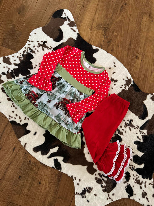 Christmas tractor tree ruffle pants sets