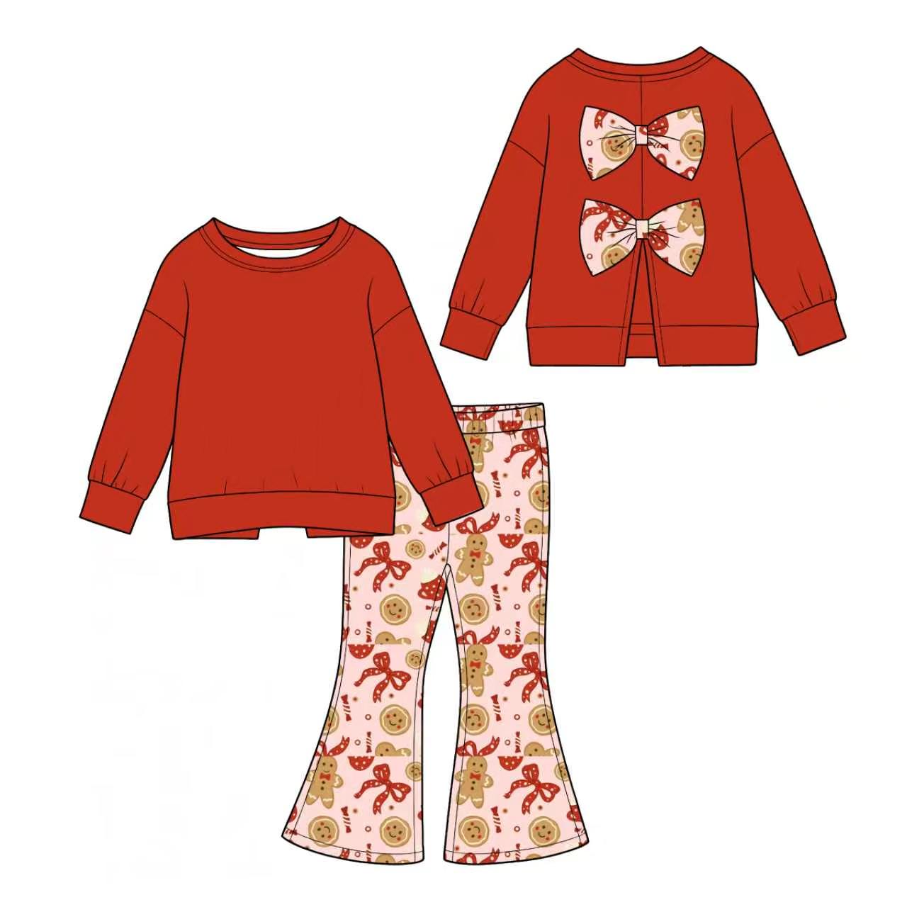 Preorder(moq 5) Girls Christmas 2 Piece Outfit Long Sleeve Floral Flare Pants Kids Clothing Set