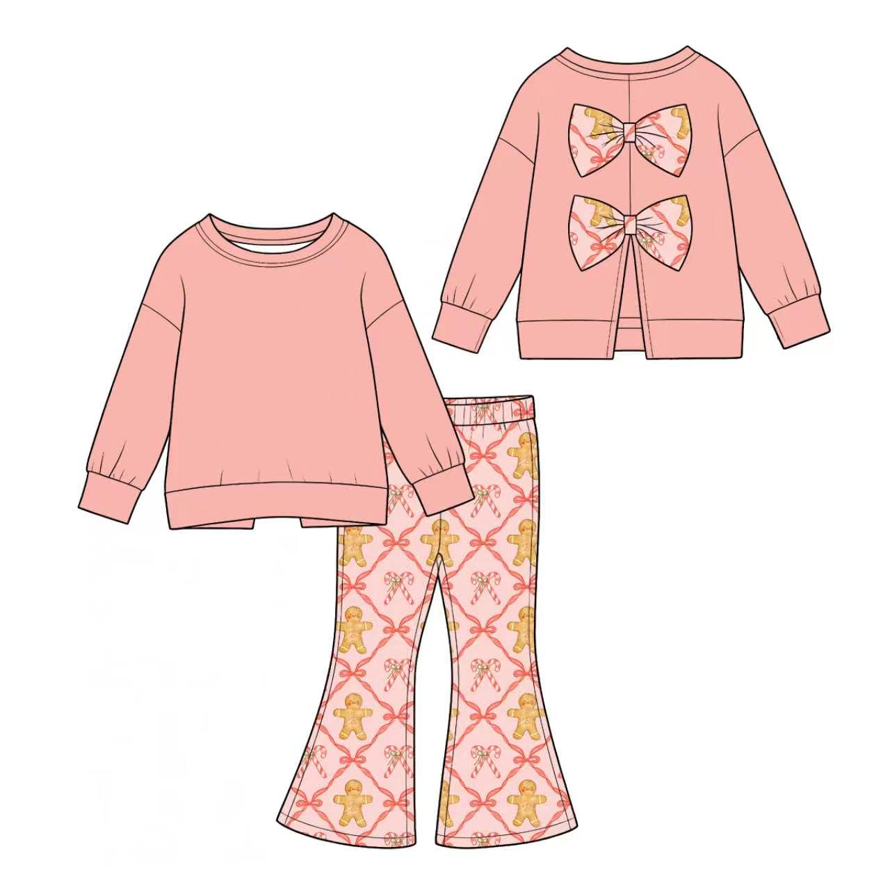 Preorder(moq 5) Girls Christmas 2 Piece Outfit Long Sleeve Floral Flare Pants Kids Clothing Set
