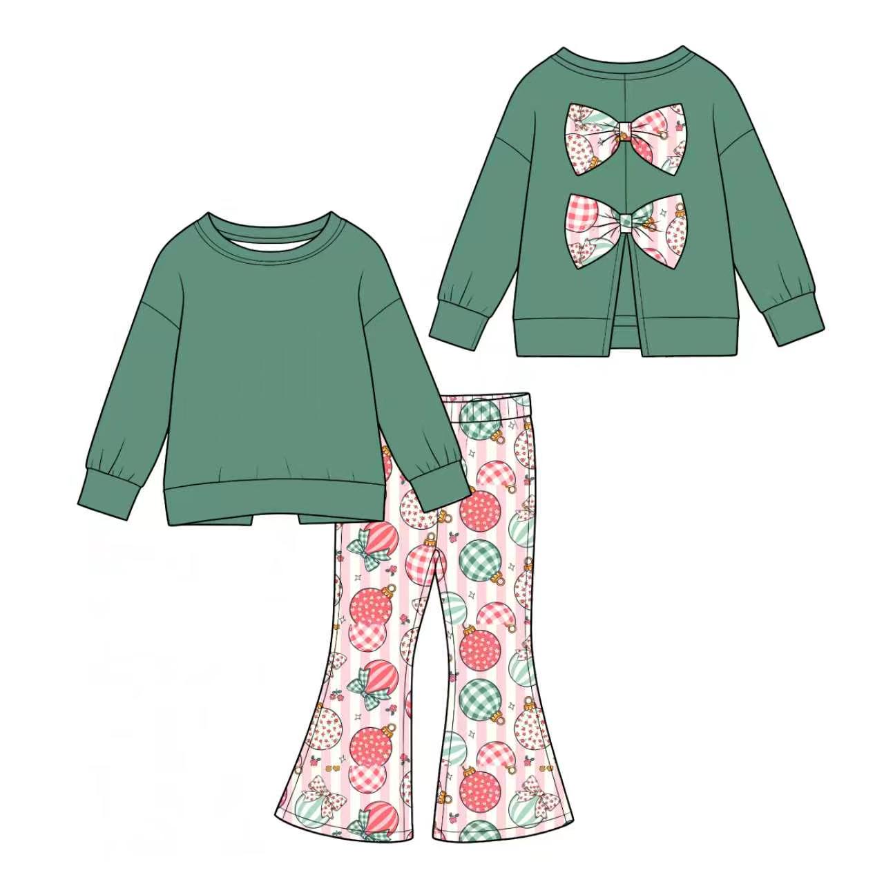 Preorder(moq 5) Girls Christmas 2 Piece Outfit Long Sleeve Flare Pants Kids Clothing Set