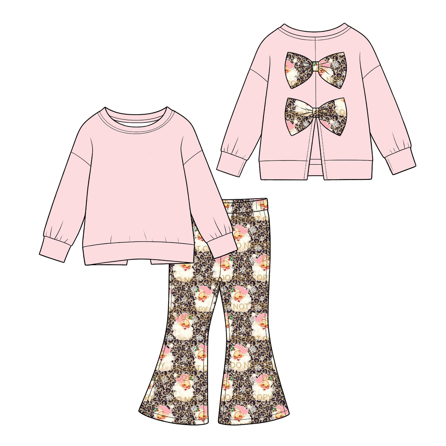 Preorder(moq 5) Girls Christmas 2 Piece Outfit Long Sleeve Flare Pants Kids Clothing Set