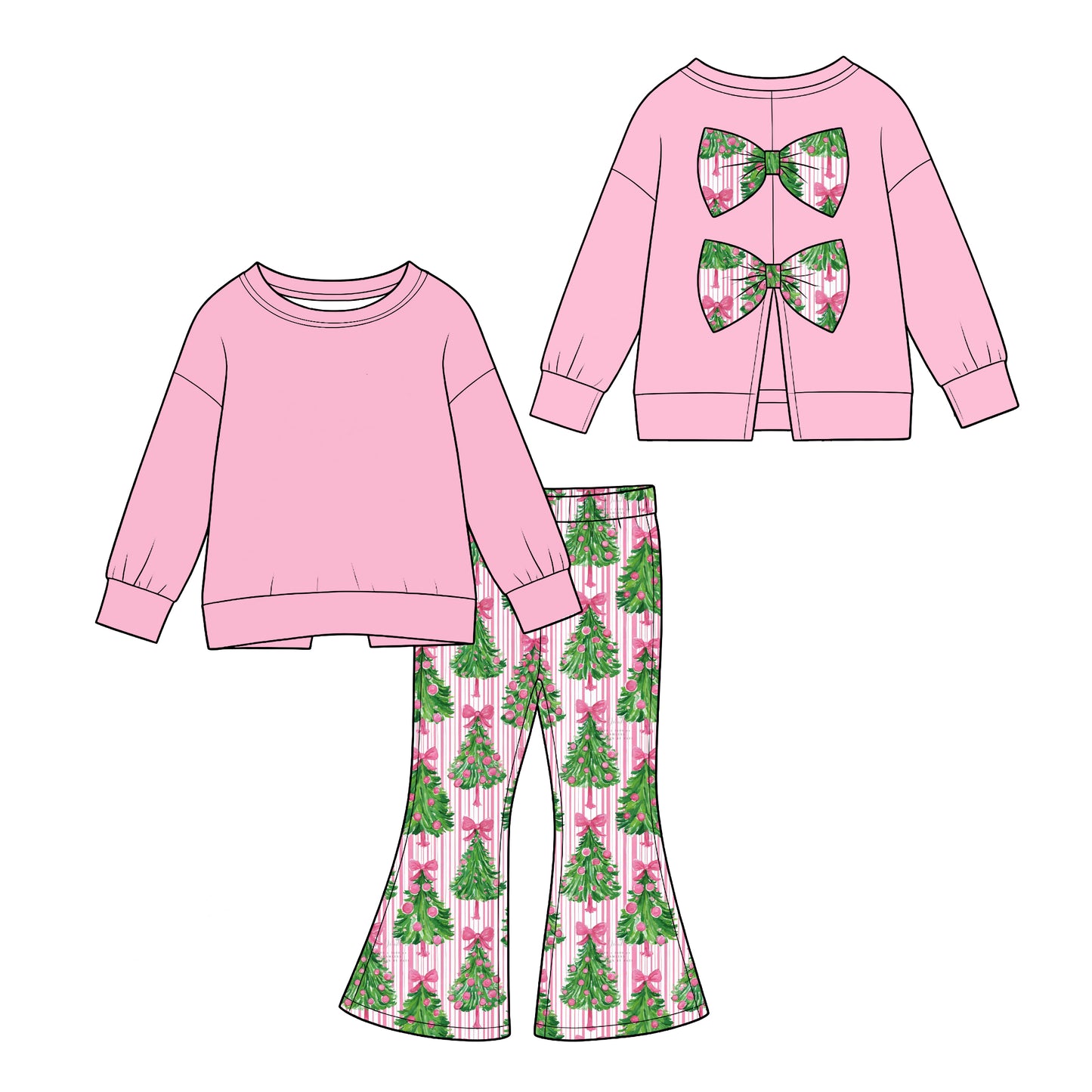 Preorder(moq 5) Girls Christmas 2 Piece Outfit Long Sleeve Flare Pants Kids Clothing Set