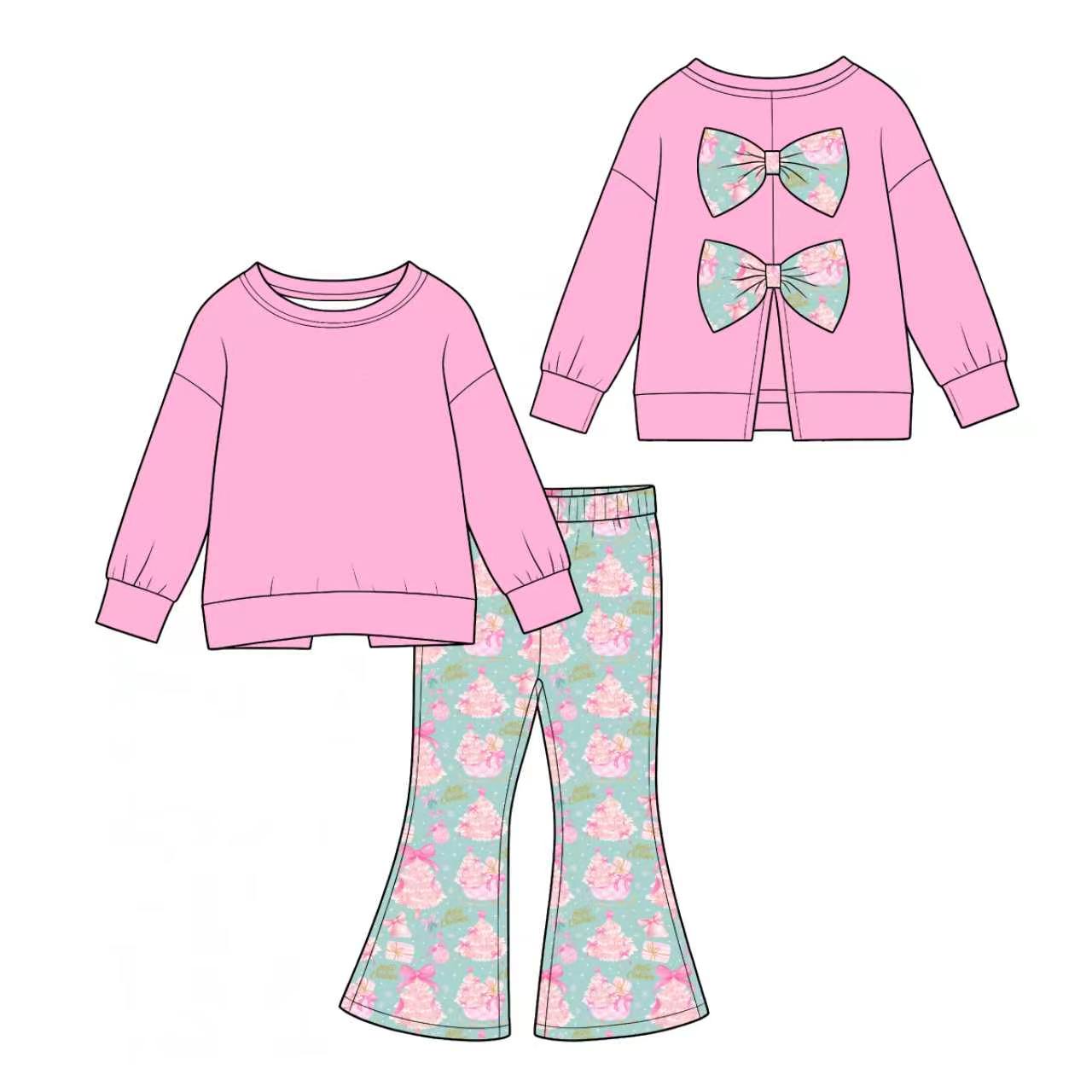 Preorder(moq 5) Girls Christmas 2 Piece Outfit Long Sleeve Flare Pants Kids Clothing Set