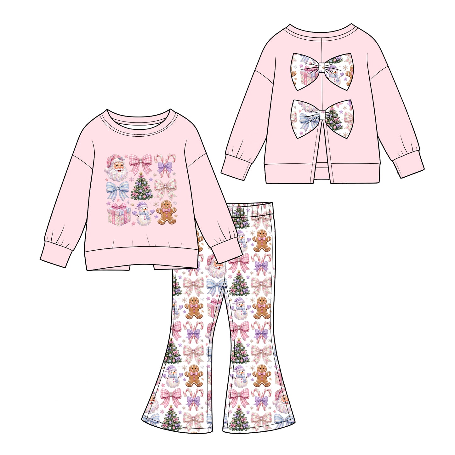 Preorder(moq 5) Girls Christmas 2 Piece Outfit Long Sleeve Flare Pants Kids Clothing Set