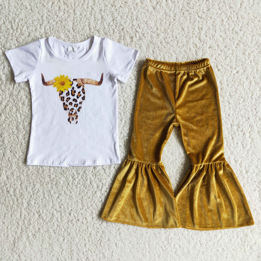 Cow skull golden bell bottom pants sets