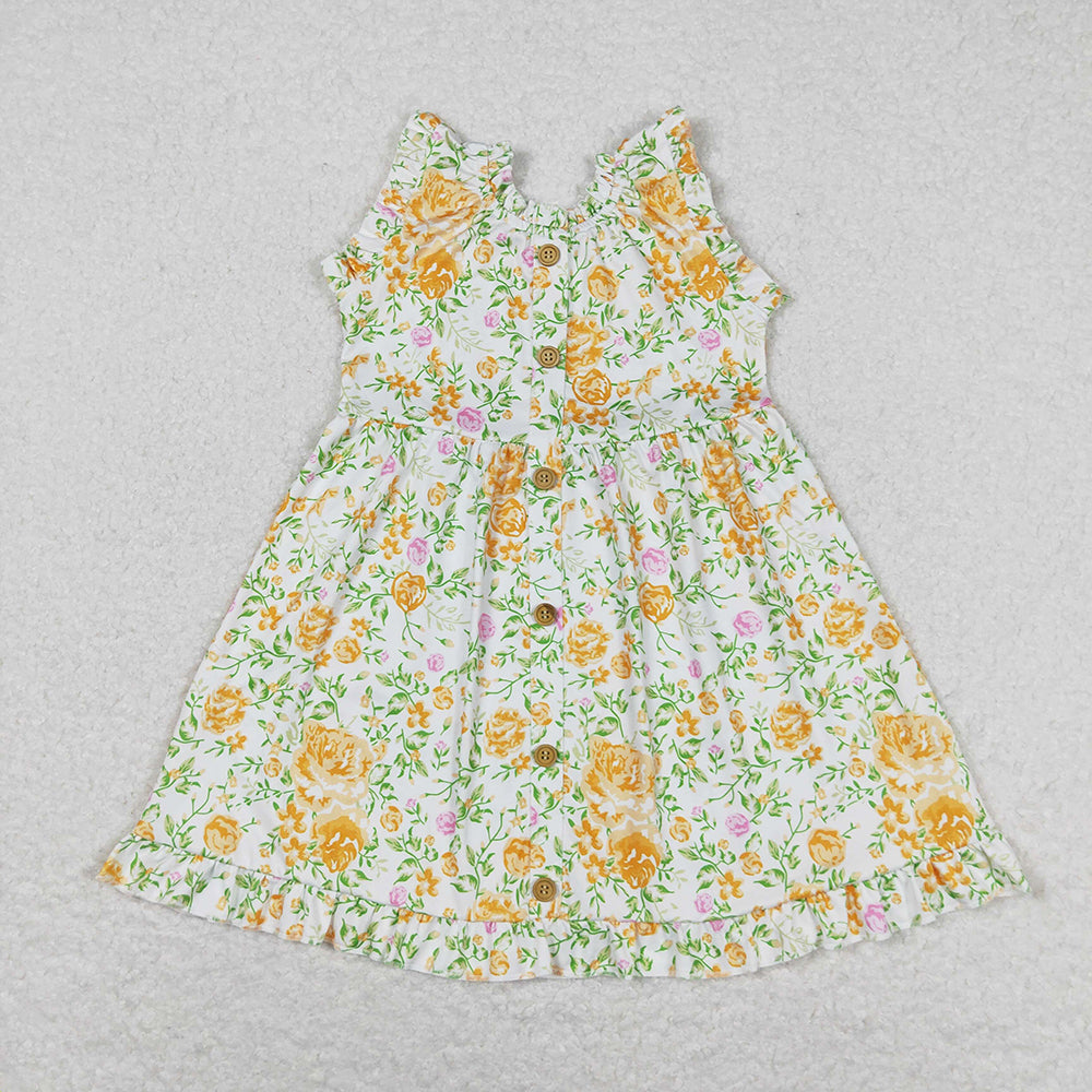 Baby Girls Yellow Flowers Sleeveless Buttons Knee Length Dresses