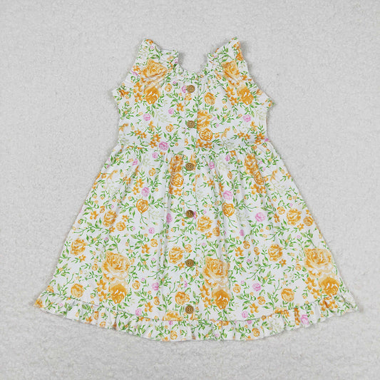 Baby Girls Yellow Flowers Sleeveless Buttons Knee Length Dresses