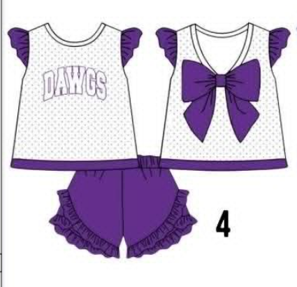 Preorder (moq 5)Baby Girls Dawgs Back Bow Tunic Shorts Team Clothes Sets