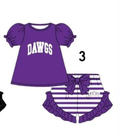 Preorder (moq 5)Baby Girls Dawgs Tunic Ruffle Bow Shorts Team Clothes Sets