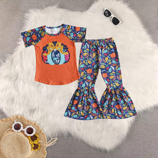 Sibling Baby Girls Fall Floral Pumpkins Tunic Bell Bottom Pants Clothes Sets
