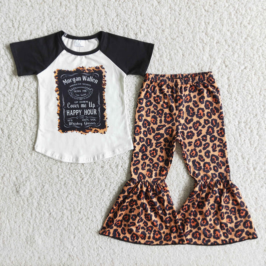 Baby Girls Black Short Sleeve Singer Shirt Leopard Bell Pants Clothes Sets