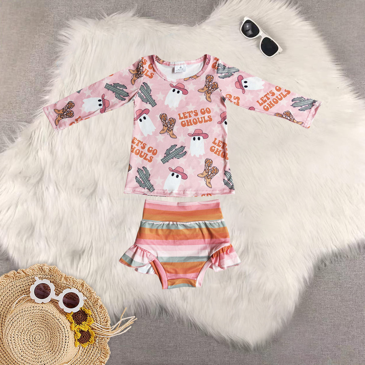 Sibling Baby Girls Halloween Long Sleeves Ghost Gifts Cactus Top Ruffle Bummie Sets