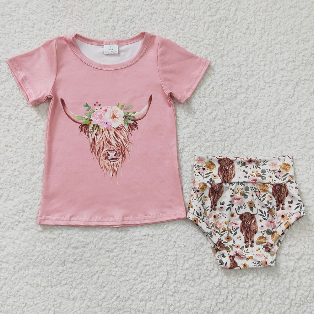 Sibling Baby Girls Western Highland Cow Pink Sister Clothes Sets