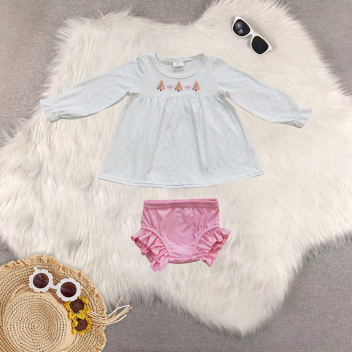 Sibling Baby Girls Long Sleeves Christmas Trees Candy Cane Tunic Ruffle Bummie Sets