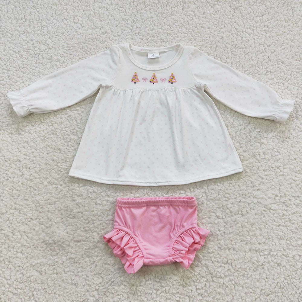 Sibling Baby Girls Long Sleeves Christmas Trees Candy Cane Tunic Ruffle Bummie Sets
