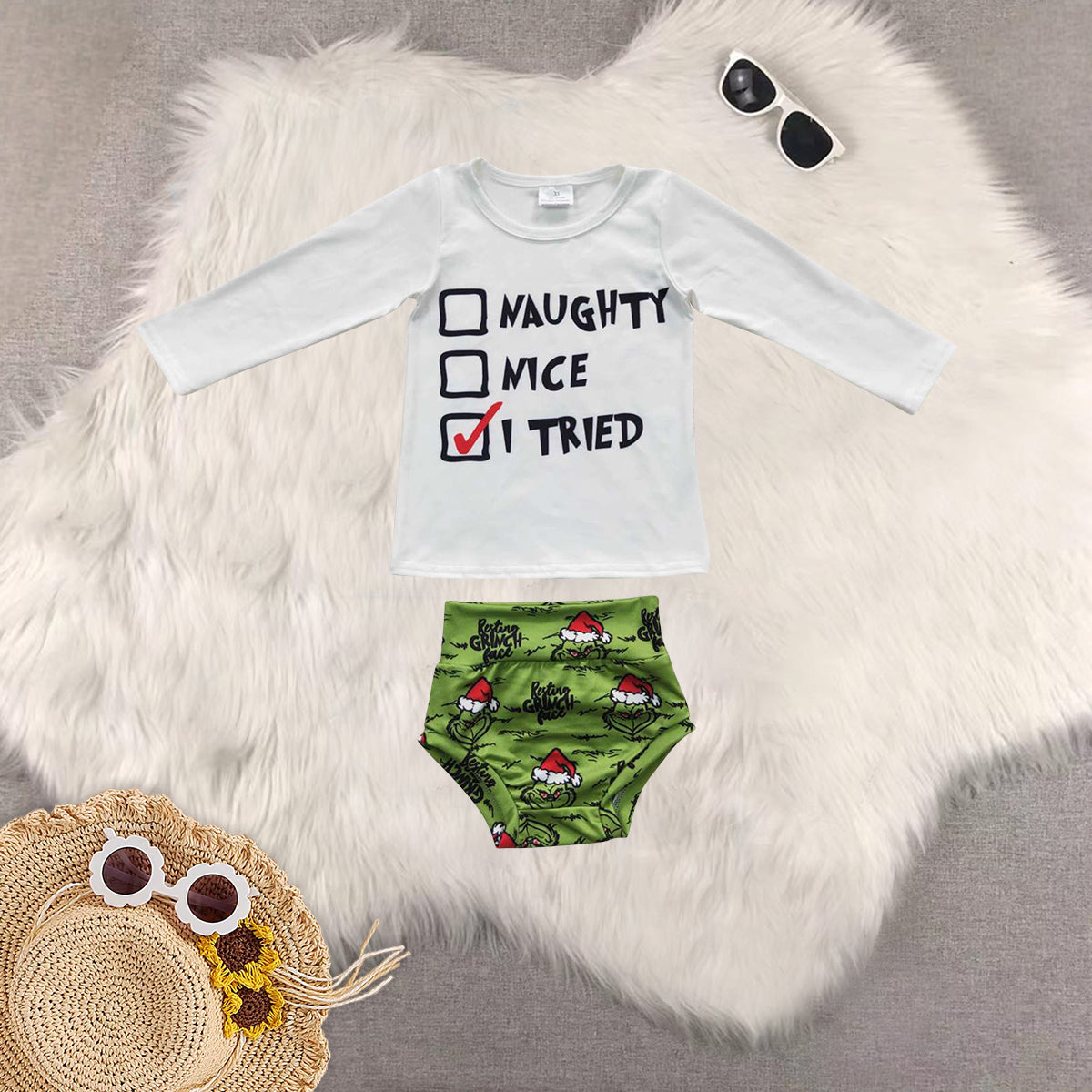 Sibling Baby Girls Long Sleeves Christmas Trees Candy Cane Tunic Ruffle Bummie Sets