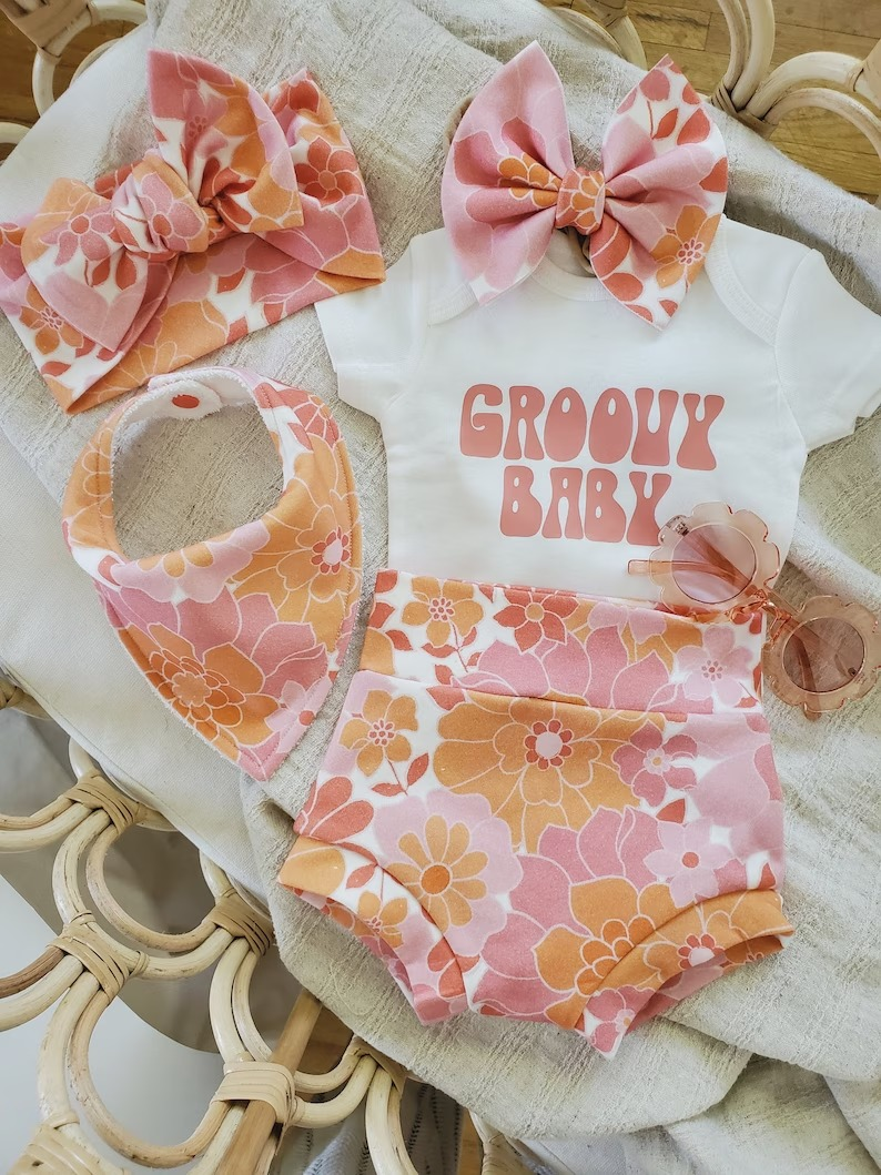 Baby Girls Groovy Baby Top Flowers Bummie Sets preorder