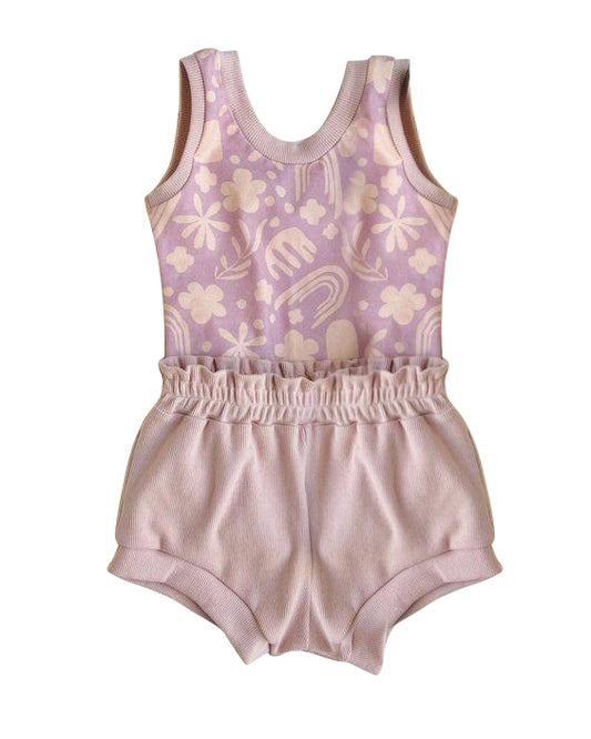 Baby Girls Sleeveless Purple Flowers Shirt Bummies Clothes Sets Preorder