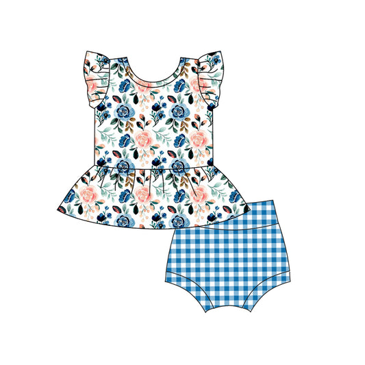 Baby Girls Blue Flowers Top Checkered Bummies Clothes Sets Preorder
