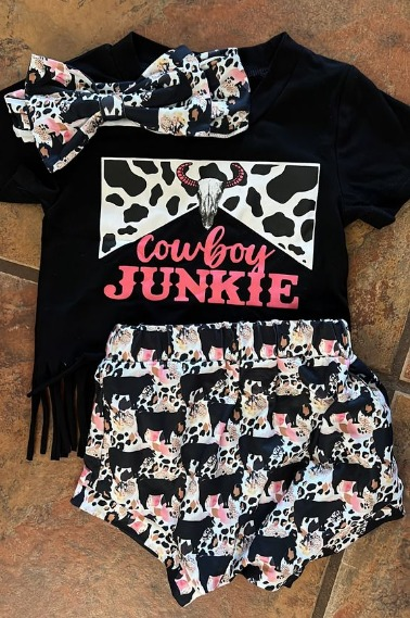 Baby Girls Cowboy Black Tassel Top Bummies Clothes Sets Preorder
