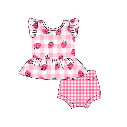 Baby Girls Strawberry Top Pink Checkered Bummies Clothes Sets Preorder
