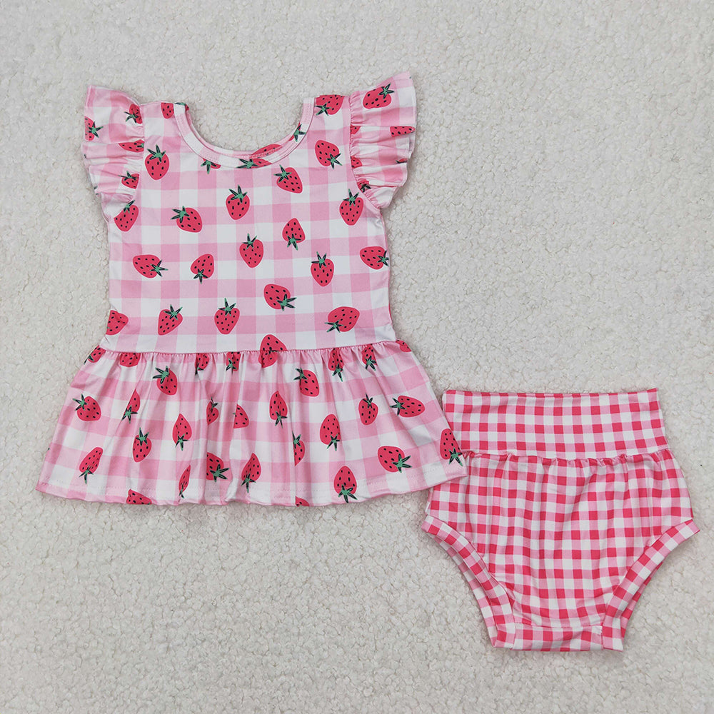 Baby Girls Strawberry Top Pink Checkered Bummies Clothes Sets