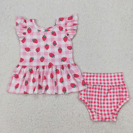 Baby Girls Strawberry Top Pink Checkered Bummies Clothes Sets