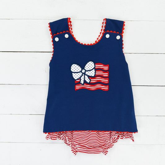 Baby Girls Navy 4th Of July Flag Top Checkered Bummies Clothes Sets Preorder