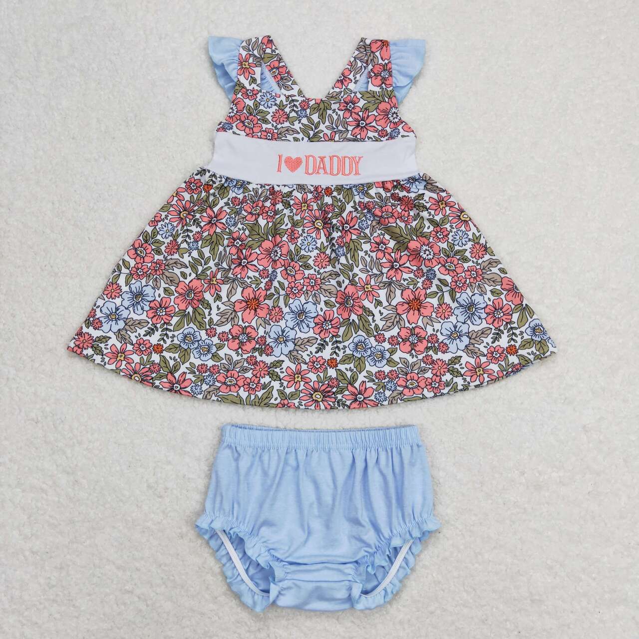 Sibling Baby Girls Embroidery I Love Daddy Floral Tunic Bummies Clothes Sets