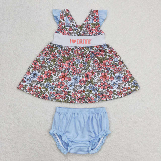 Sibling Baby Girls Embroidery I Love Daddy Floral Tunic Bummies Clothes Sets