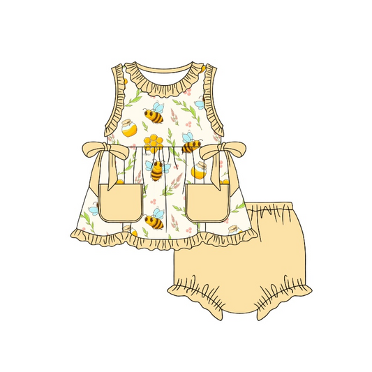 Baby Girls Honey Bee Pockets Sleeveless Top Summer Bummies Clothes Sets Preorder