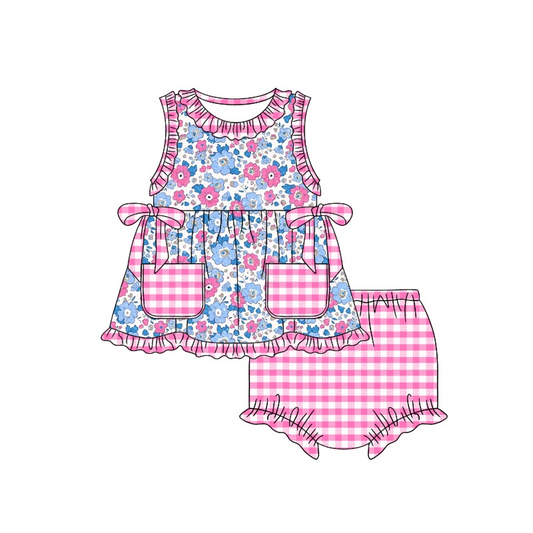 Baby Girls Pink Flowers Tunic Pocket Top Bummies Clothes Sets Preorder
