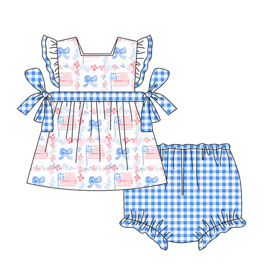 Baby Girls Blue Bows Flags Tunic Top Bummies Clothes Sets Preorder