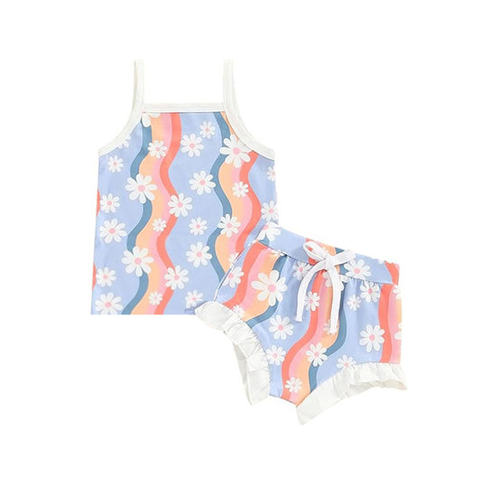 Baby Girls Blue Flowers Straps Top Bummies Clothes Sets Preorder