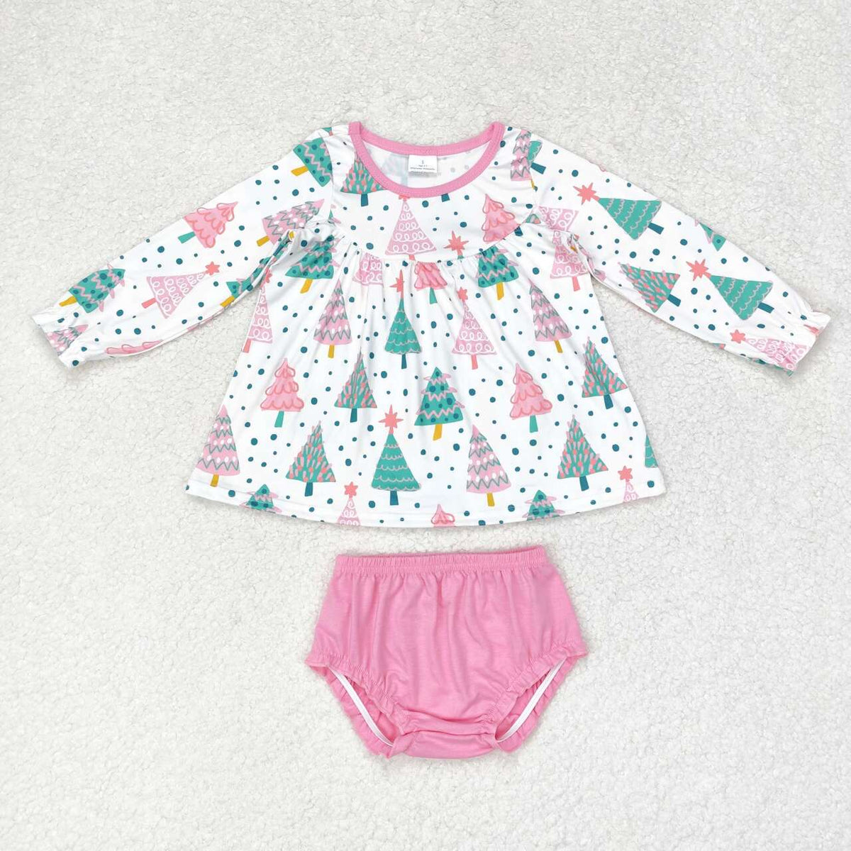 Sibling Baby Girls Long Sleeves Christmas Trees Candy Cane Tunic Ruffle Bummie Sets