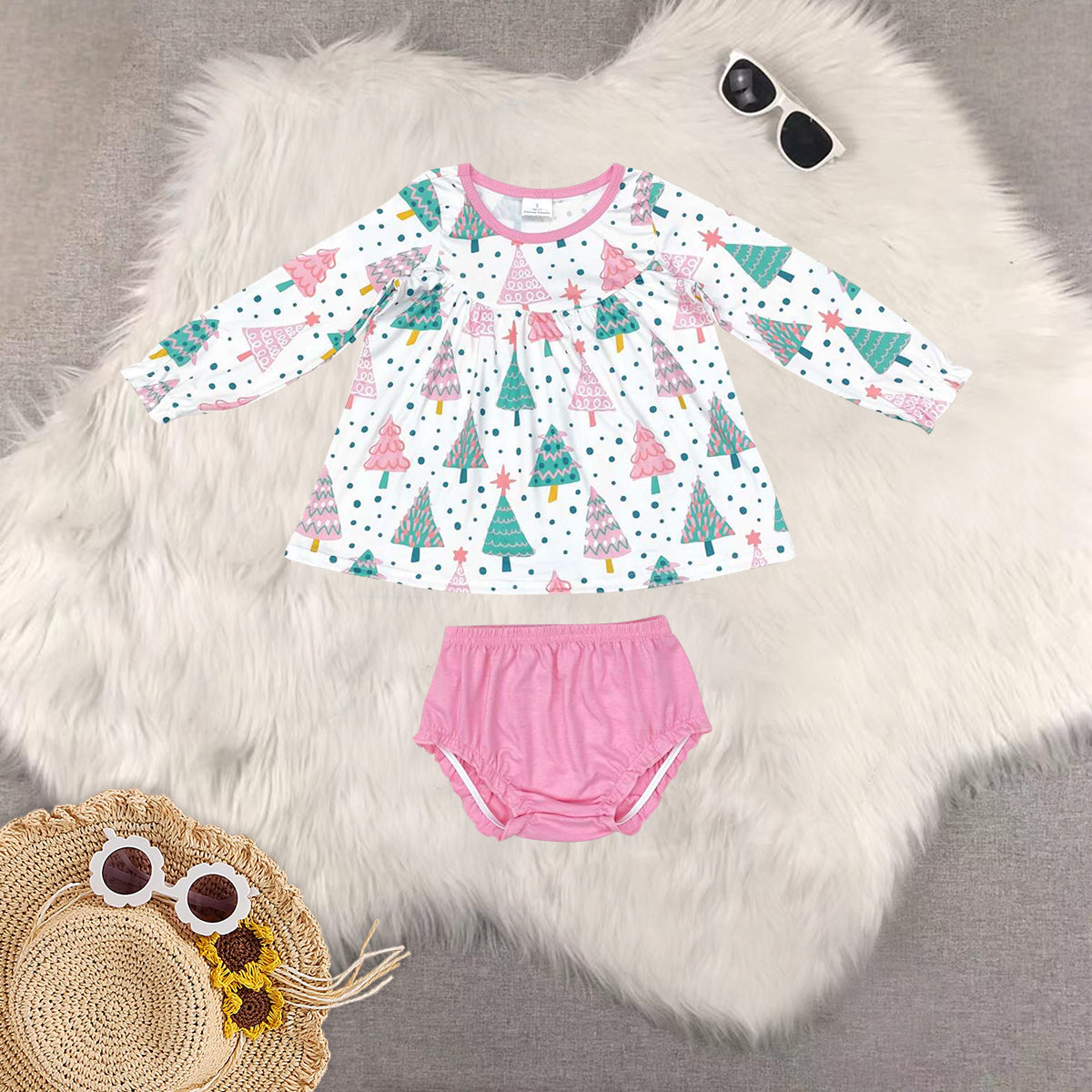 Sibling Baby Girls Long Sleeves Christmas Trees Candy Cane Tunic Ruffle Bummie Sets