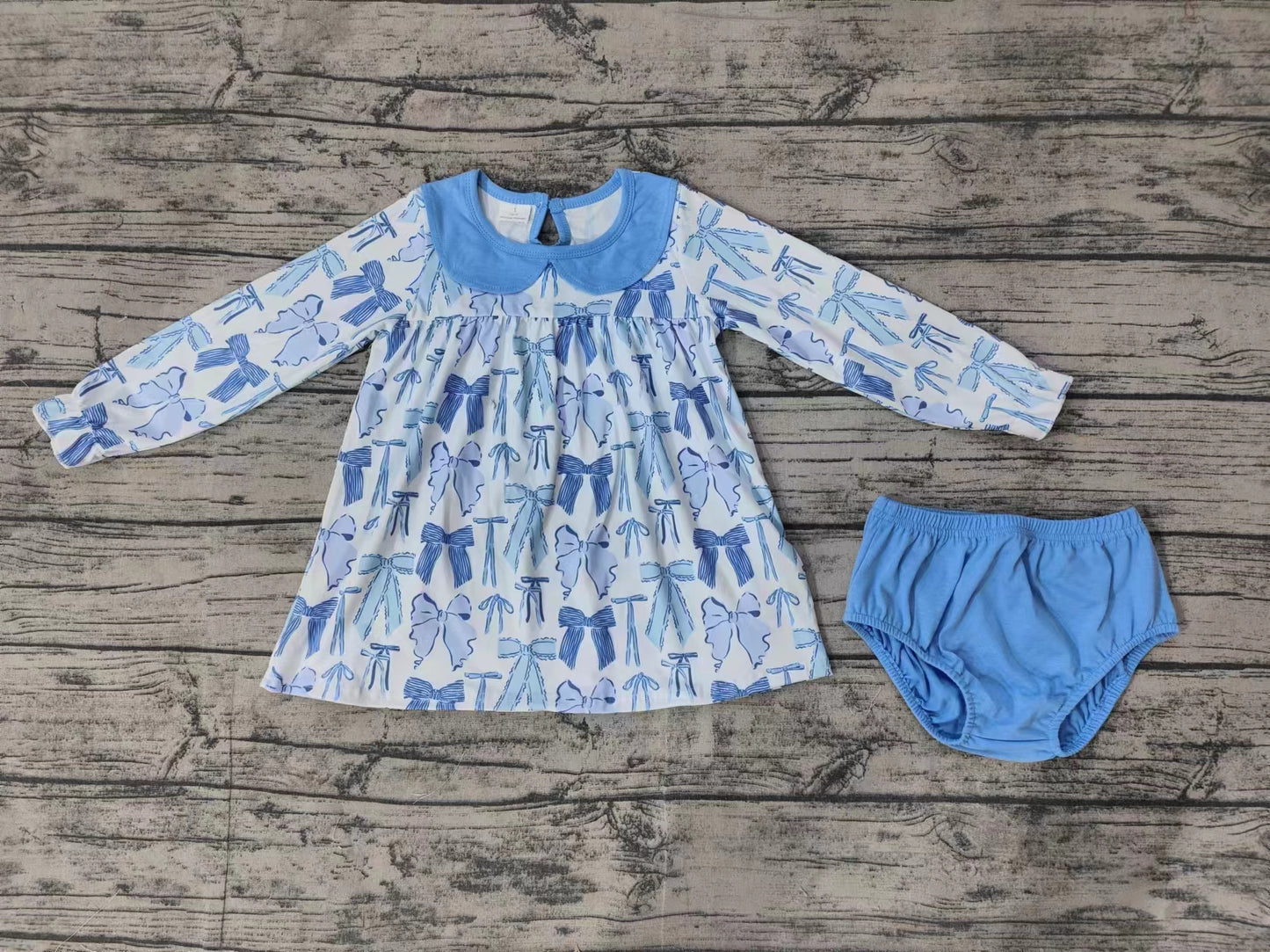Baby Girls Blue Bows Long Sleeve Tunic Top Bummies Clothes Sets