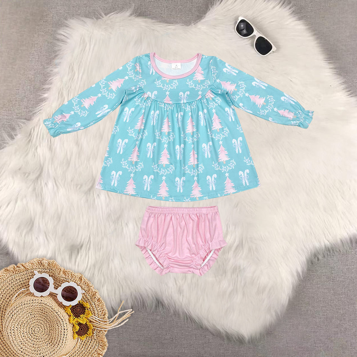 Sibling Baby Girls Long Sleeves Christmas Trees Candy Cane Tunic Ruffle Bummie Sets