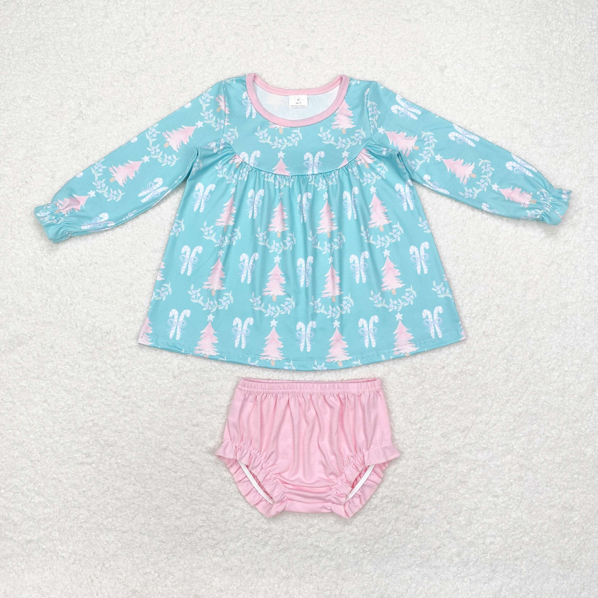 Sibling Baby Girls Long Sleeves Christmas Trees Candy Cane Tunic Ruffle Bummie Sets