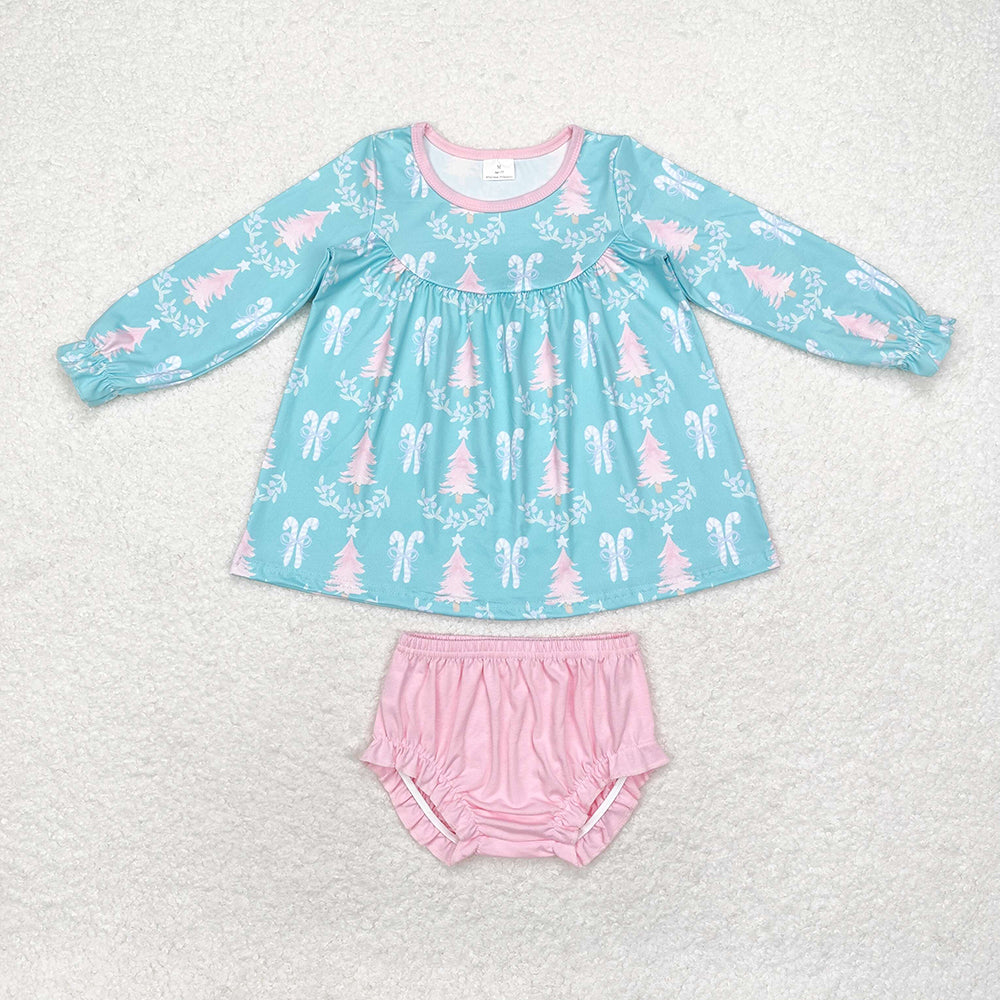 Baby Girls Christmas Green Tree Long Sleeve Tunic Top Bummies Clothes Sets