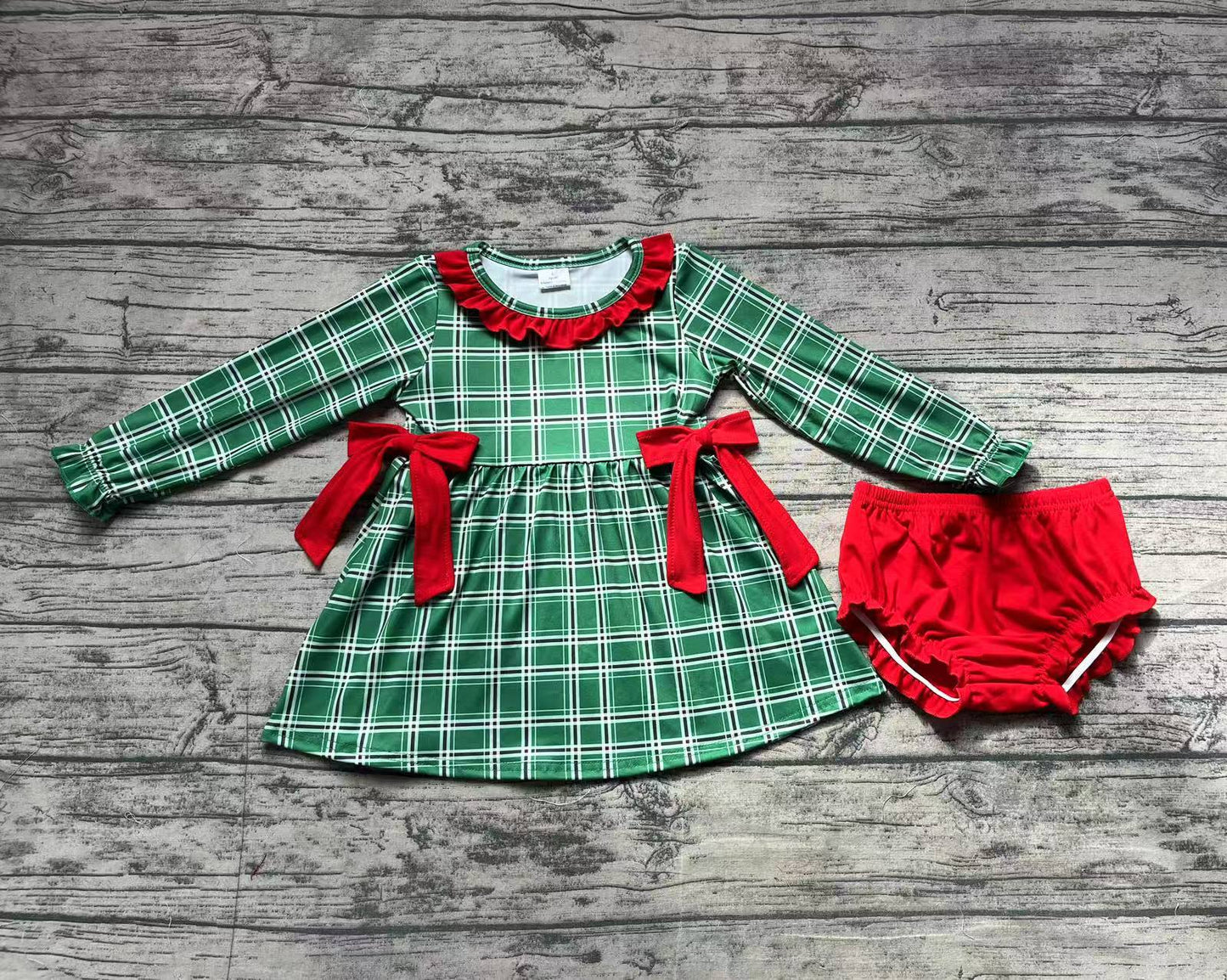 Baby Girls Green Checkered Long Sleeve Tunic Top Bummies Clothes Sets