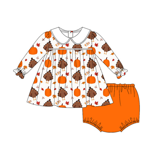 Baby Girls Thanksgiving Turkey Pumpkin Tunic Top Bummies Clothes Sets Preorder