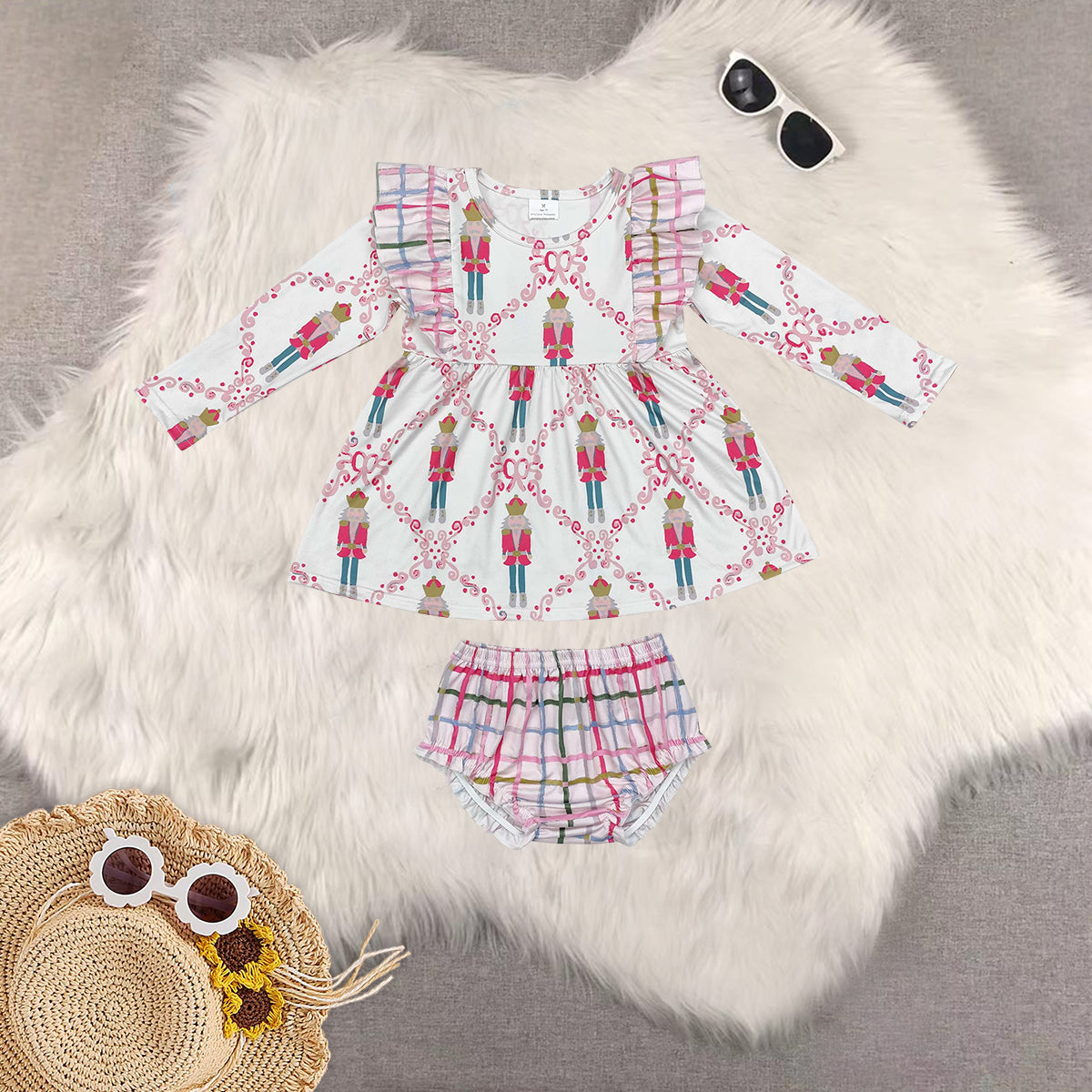 Sibling Baby Girls Long Sleeves Christmas Trees Candy Cane Tunic Ruffle Bummie Sets