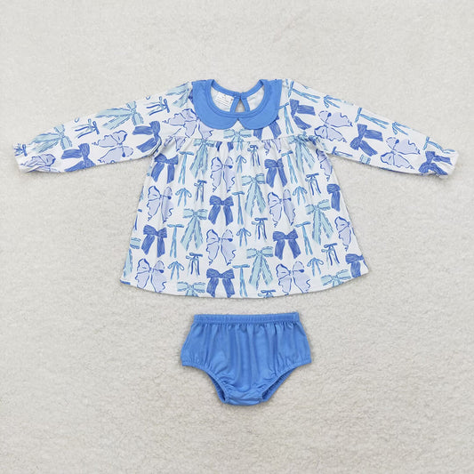 Baby Girls Blue Bows Long Sleeve Tunic Top Bummies Clothes Sets