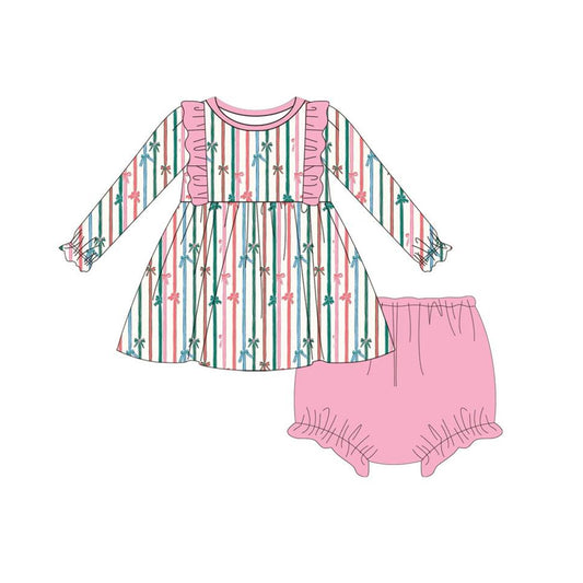 Baby Girls Pink Stripes Bows Tunic Bummie Clothes Sets Preorder