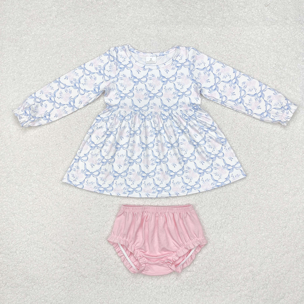 Sibling Baby Girls Blue Bows Flowers Spring Sets