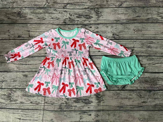 Baby Girls Christmas Pink Bows Tunic Bummie Clothes Sets