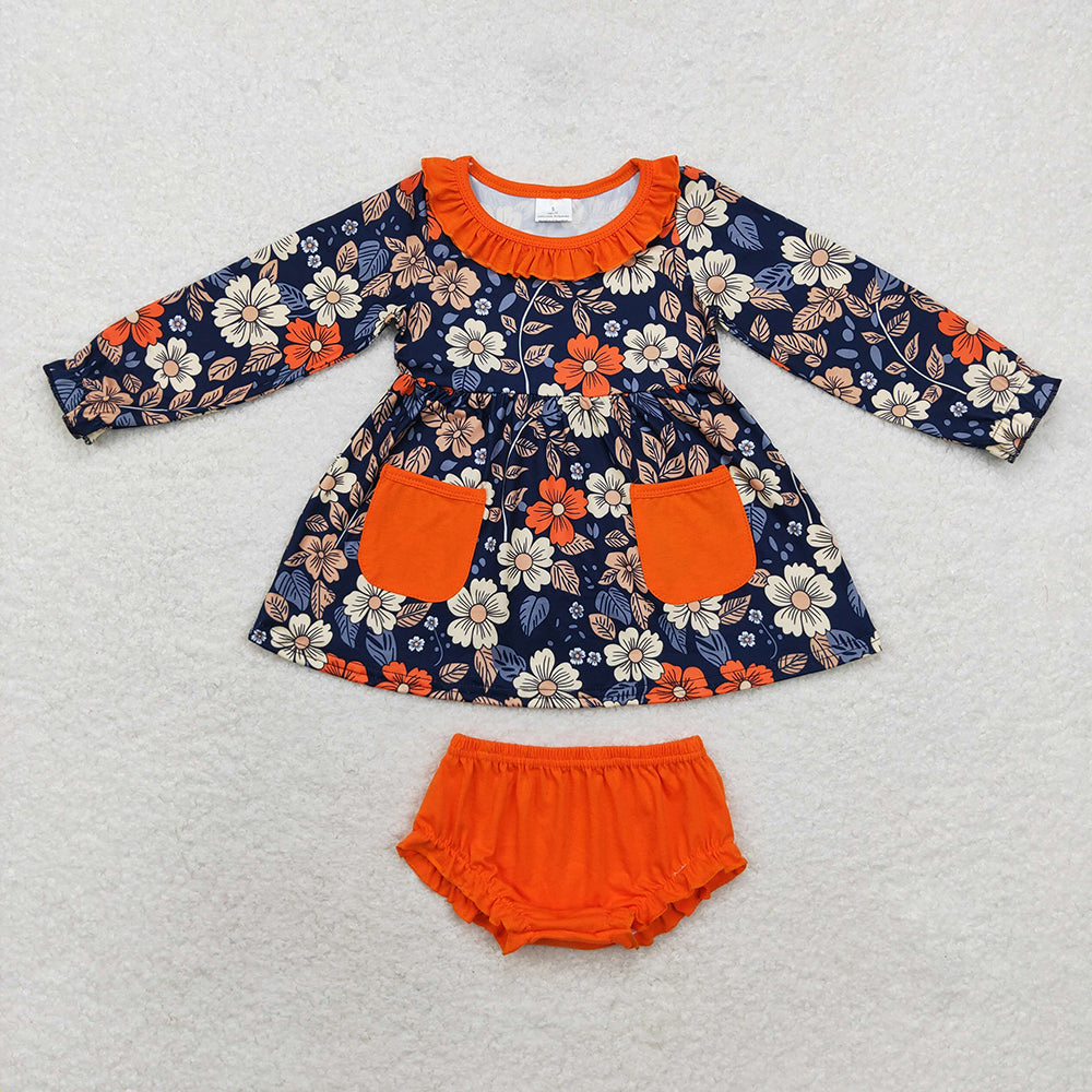 Baby Girls Fall Flowers Pockets Tunic Top Bummies Clothes Sets