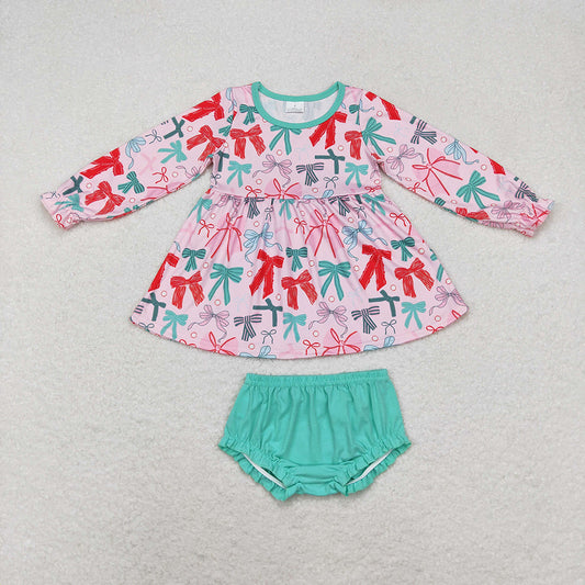 Baby Girls Christmas Pink Bows Tunic Bummie Clothes Sets
